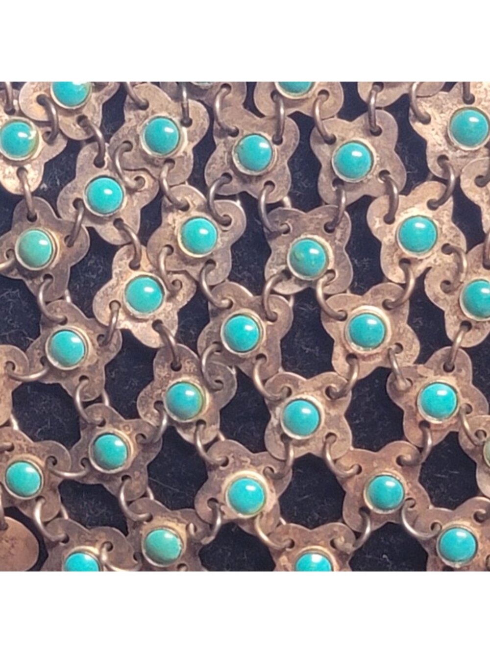 Vintage Sterling Silver Bib Necklace Turquoise Cabochon Accents River Mexico - Picture 7 of 10